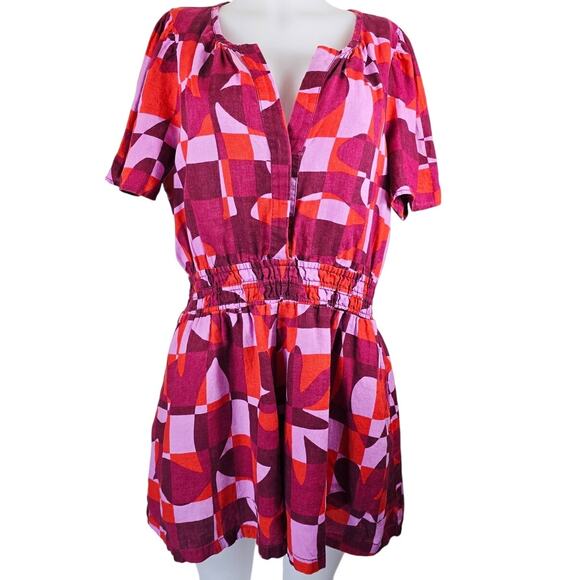 By Anthropologie The Somerset Linen Pink Orange Shorts Pockets Romper Women's L - Picture 1 of 6